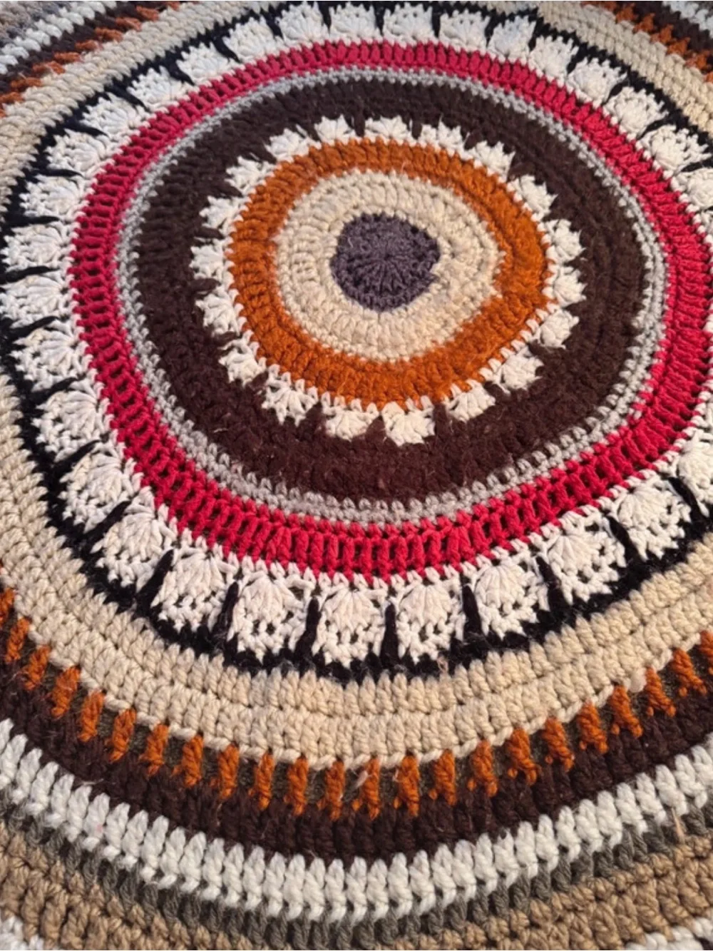 Handmade Crochet Round Throw in Cream, Brown, Pink & Orange